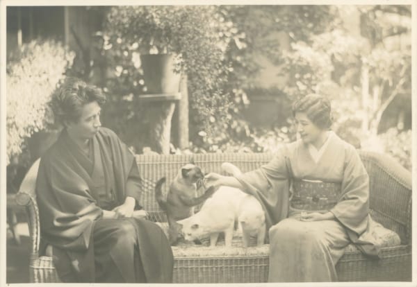 1934年頃、大佛夫妻と猫たち、アバちゃん、シロ、コトンと。(画像提供/大佛次郎記念館)