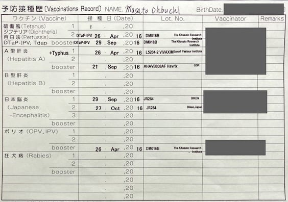 2016年に予防接種を受けた時の記録。狂犬病ワクチンはすでに接種済みだったためこの年は受けていない。（画像提供／大渕希郷）