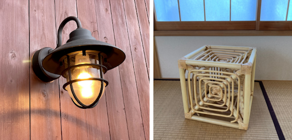 玄関灯と岡本太郎籐製スツール