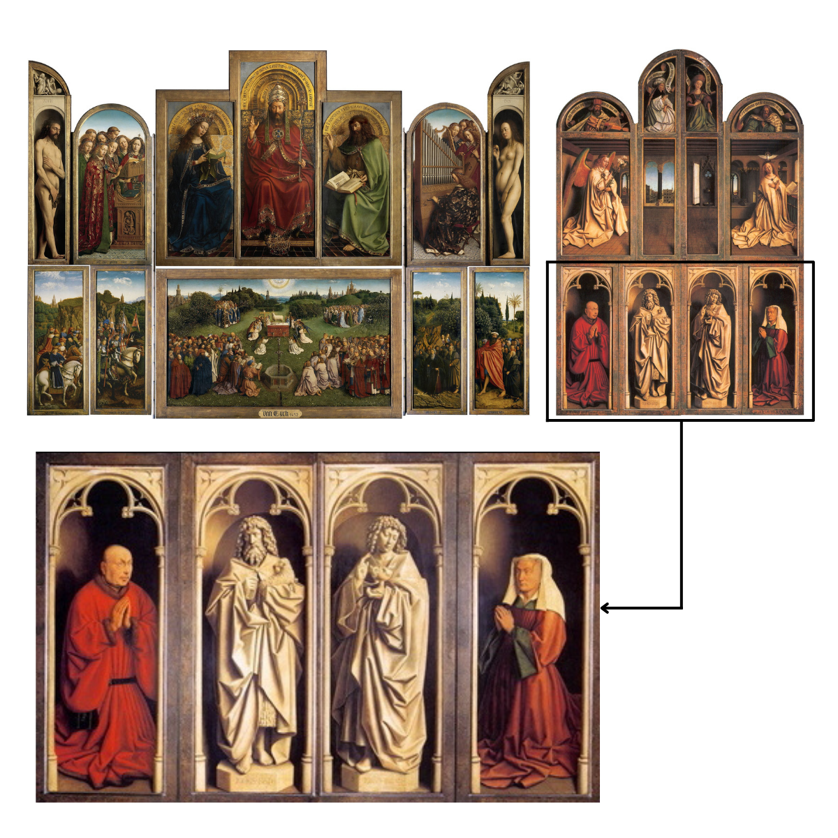 ＜ヘントの祭壇画＞外パネル下段。左からヨース・フェイト、洗礼者ヨハネ、福音記者ヨハネ、エリザベス・ボリュート