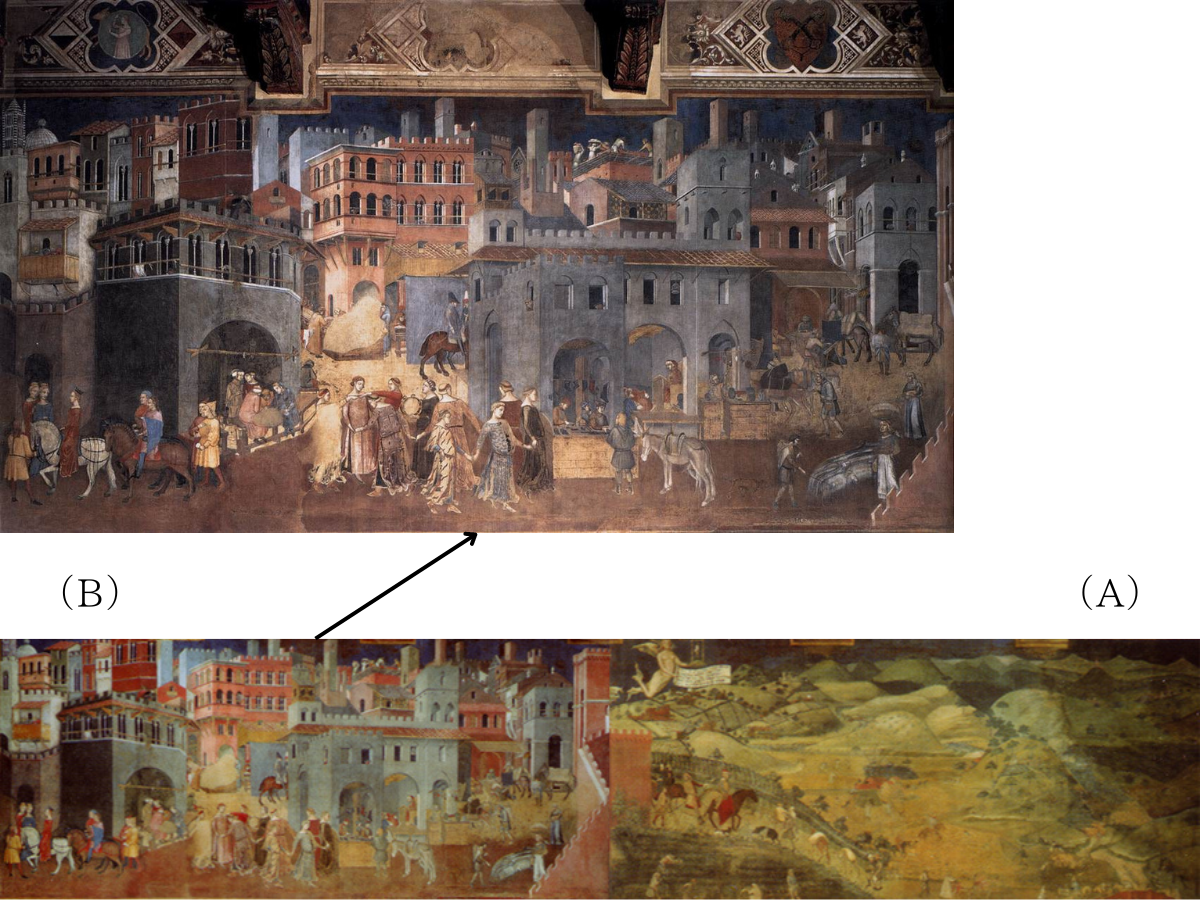 アンブロージョ・ロレンツェッティ〈善政の効果としての市街および郊外の田園〉全図。城壁を境に二つに分かれ、右側に田園風景、左側にシエナの都市情景が見られる。