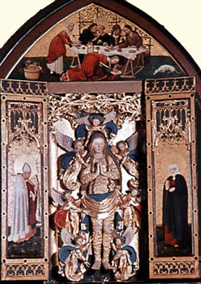 ルーカス・モーザー〈聖マグダラのマリア祭壇画〉中央パネルを開架すると見られるマグダラのマリアの木彫刻像