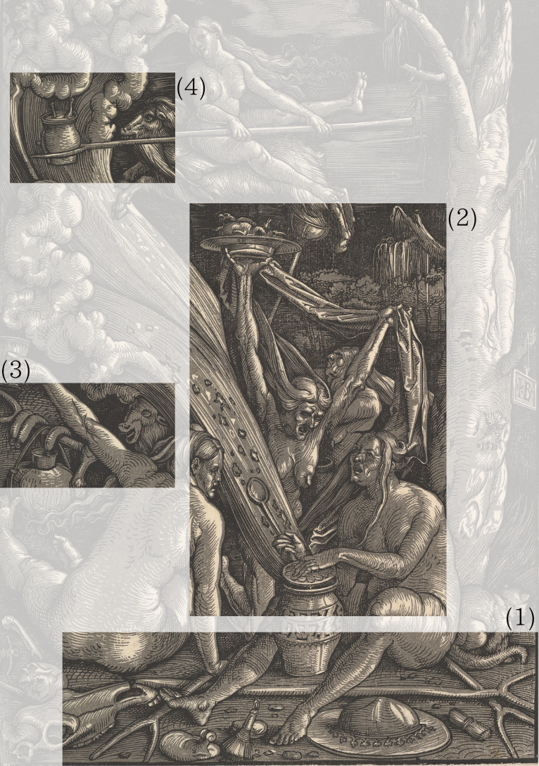 （1）地面に三叉のフォーク（2）壺を覗き込む老女（3）三叉のフォークに掛けられた腸詰肉と牡山羊の顔（4）壺から覗く人間の身体の一部
