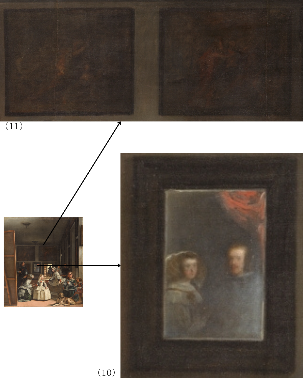 〈ラス・メニーナス（侍女たち）〉（10）国王フェリペ四世と王妃マリアナの姿が浮かぶ鏡、（11）影に包まれた二枚の絵画