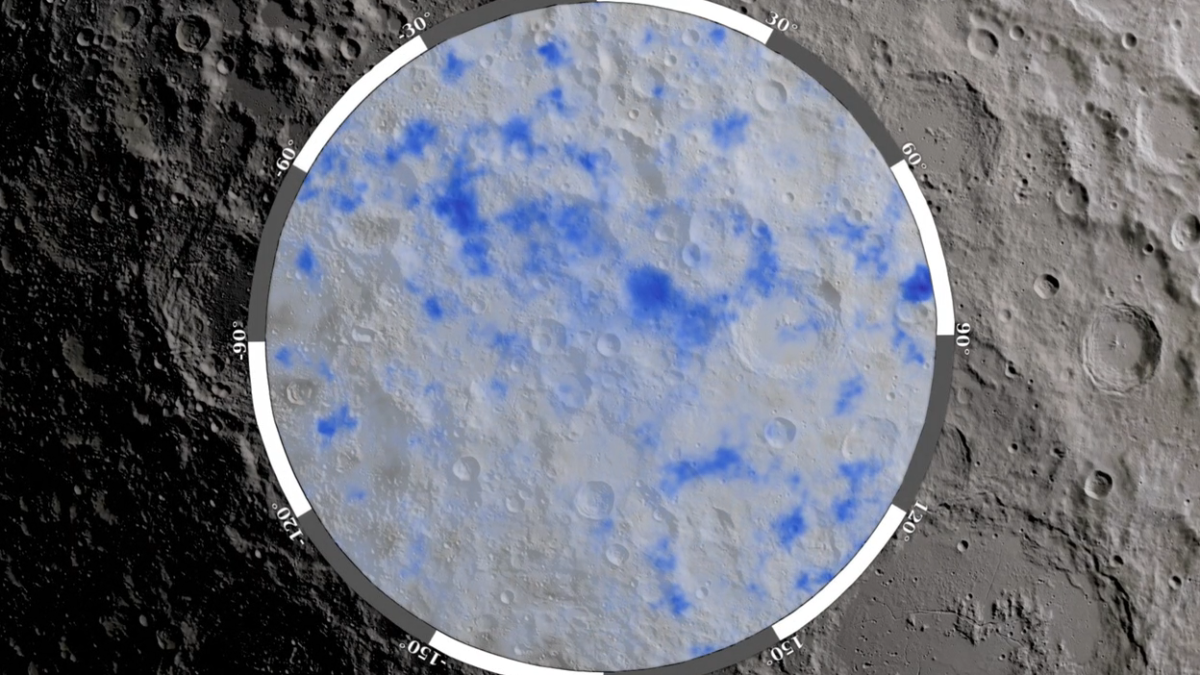 LRO の観測によって示された、月面の氷が存在する可能性がある領域　 写真提供：NASA