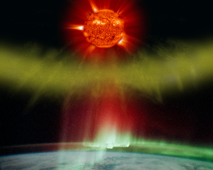 太陽から吹き出た粒子雲が地球に衝突し、オーロラを生成している図　　画像提供／NASA