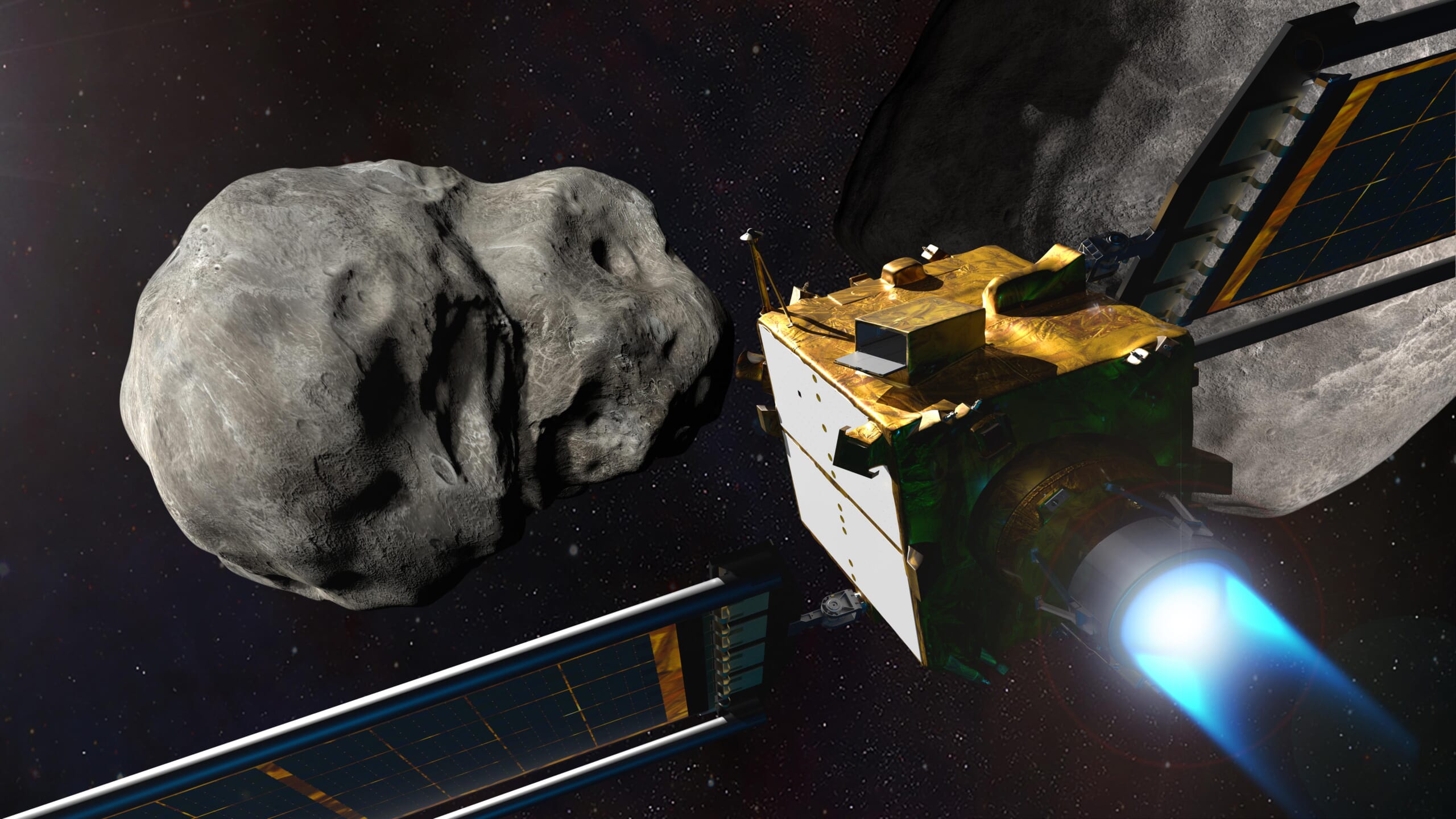 ディディモス連星小惑星系に衝突する前の NASA のDART探査機のイメージ図　画像提供／NASA