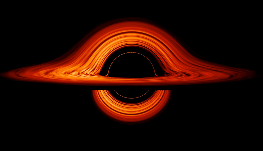 2019年、NASAによって可視化されたブラックホールのイメージ図　（NASA Visualization Shows a Black Hole’s Warped Worldより画像引用）Credit: NASA’s Goddard Space Flight Center/Jeremy Schnittman