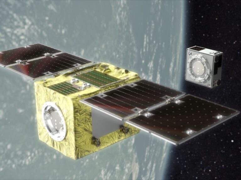 衛星「ELSA-d（エルサディー）」の宇宙空間での模擬宇宙デプリ、捕獲機のイメージ図　画像提供／アストロスケール