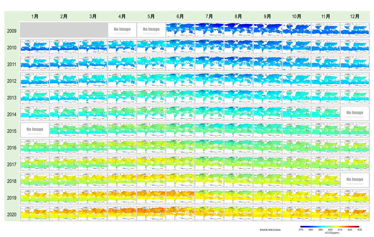 2009年から2020年にかけていぶきが観測した二酸化炭素濃度の変化　画像提供／MOE,NIES,JAXA