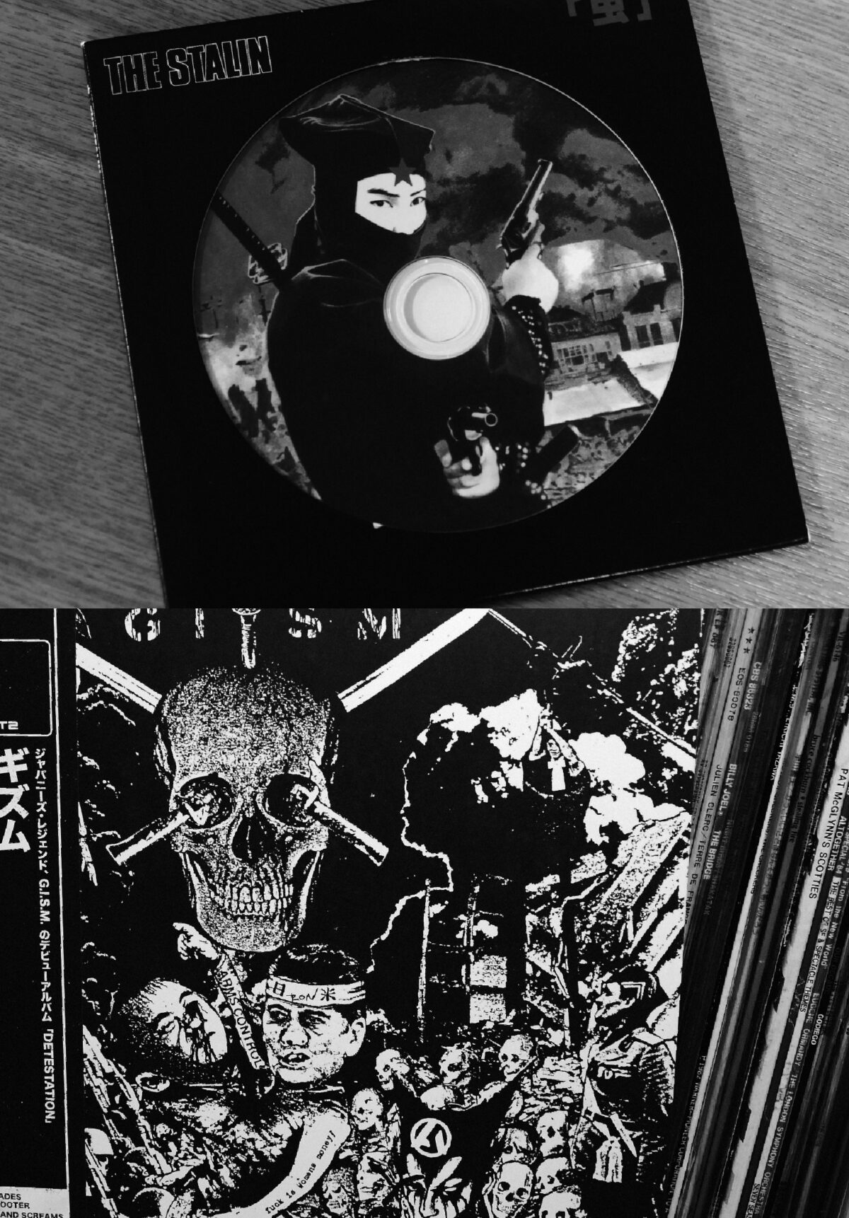 本の内容に関連する著者の貴重な私物フォトも多数掲載。著者が初めてパンクロックに触れたザ・スターリンの『虫』と、ギズムの『ディテステーション』。(写真は本書より)