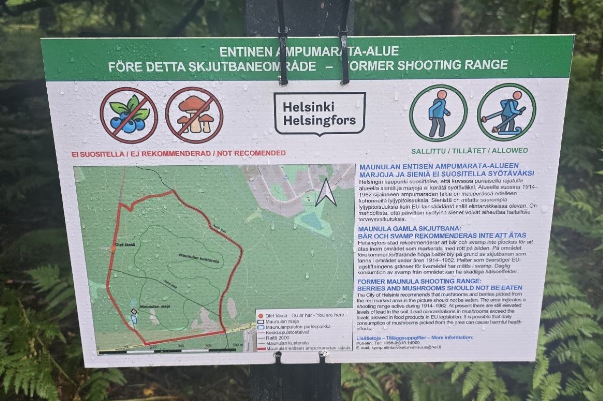 きのこを採らないほうがいいエリアを示す案内板　撮影：堀内京子