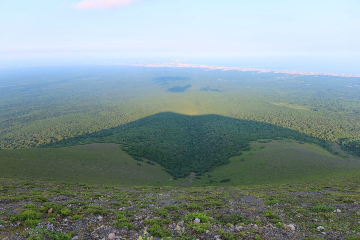 山頂から南を眺めると、太平洋に面した苫小牧の街並みが見える。苔の回廊に苔がきれいに生えているのは、海が近くて湿気が多いことが一因だ