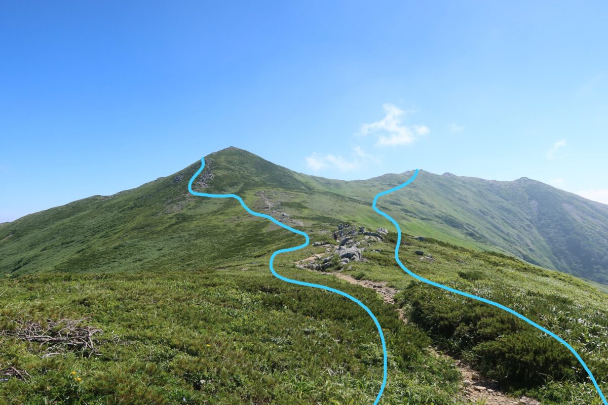 上と同じ写真へ福島県の部分がイメージできるように青線を引くと、こんな感じ。青線の右が新潟県で、左が山形県だ。山頂から神社付近は、他の区間に比べて福島県の領土が少し太くなっている