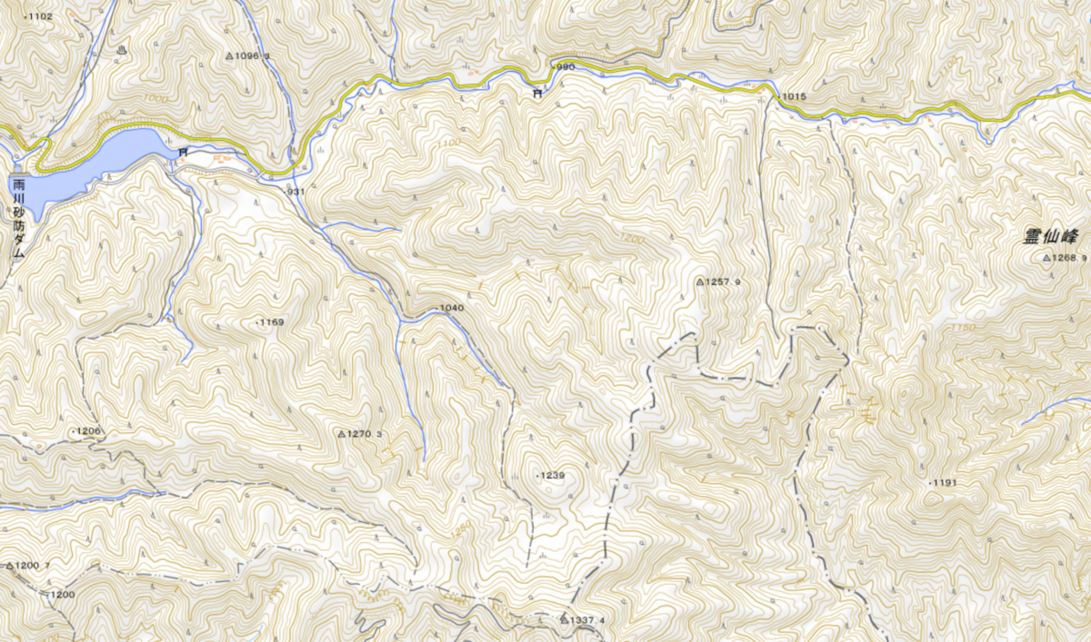 YAMAPの地図から登山道を消した状態。本来の地形図には登山道としては表記されていないことがわかる