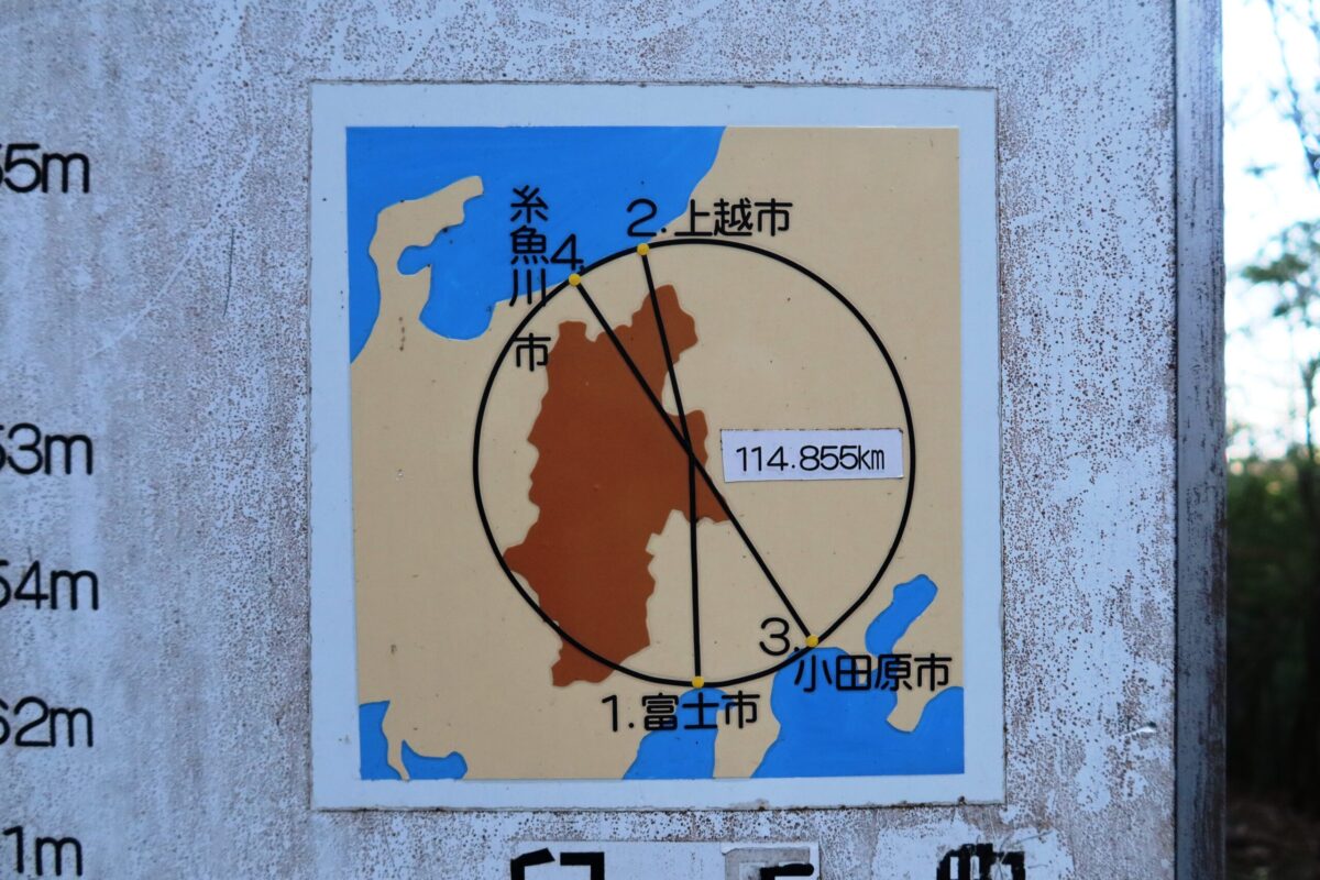 「日本で海岸線から一番遠い地点」の位置が非常にわかりやすい図。茶色の部分が長野県で、ここが長野県の東端に近く、もう少しで群馬県であることが理解できる