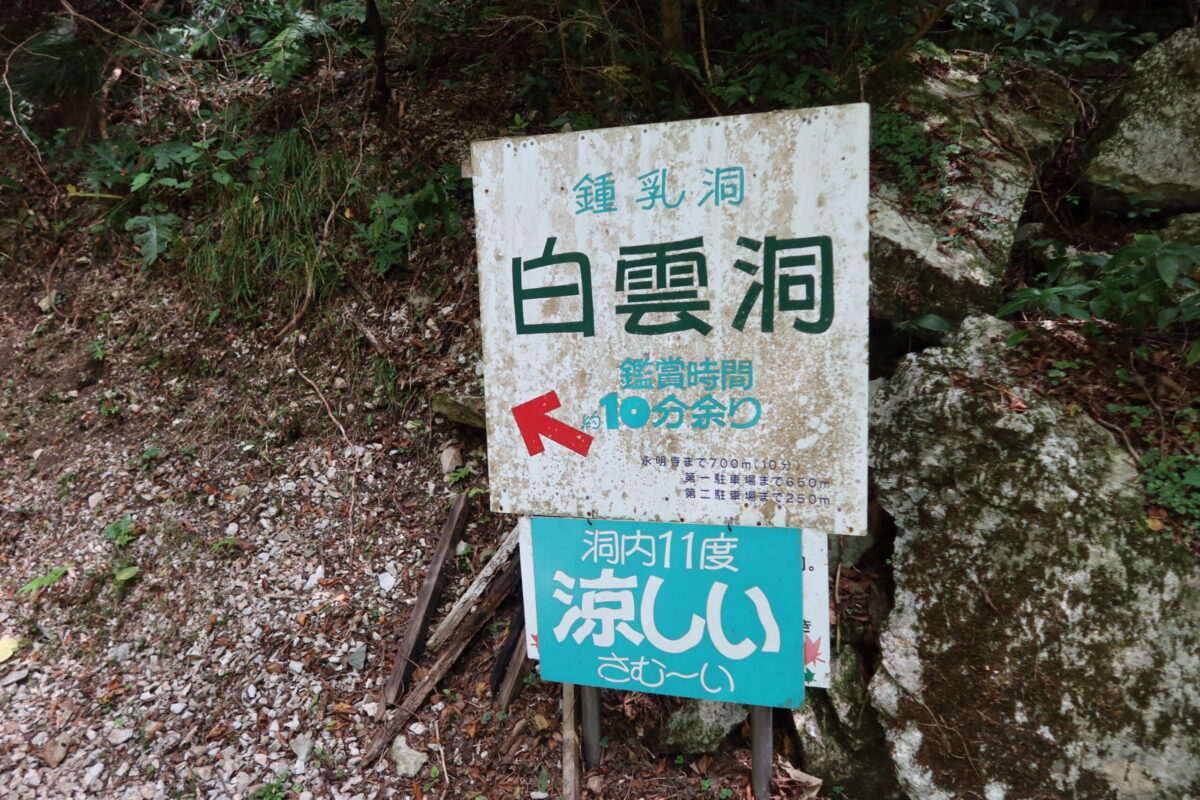 鍾乳洞である「白雲洞」は雄橋の上流。徒歩10分ほどしか離れていないので、組み合わせて見物したい