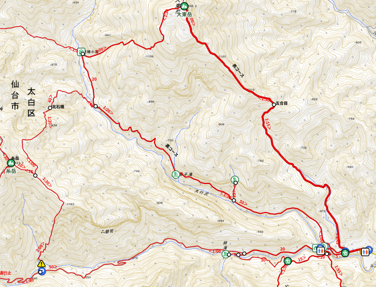 拠点となる登山口は、大東岳山頂の南東に当たる秋保ビジターセンター近く。北石橋への往復だけであれば、所要時間は5~6時間だ (地図の参照元:YAMAP <a href="https://yamap.com/maps/317 " rel="noopener" target="_blank">YAMAPの当該箇所はこちら</a>)